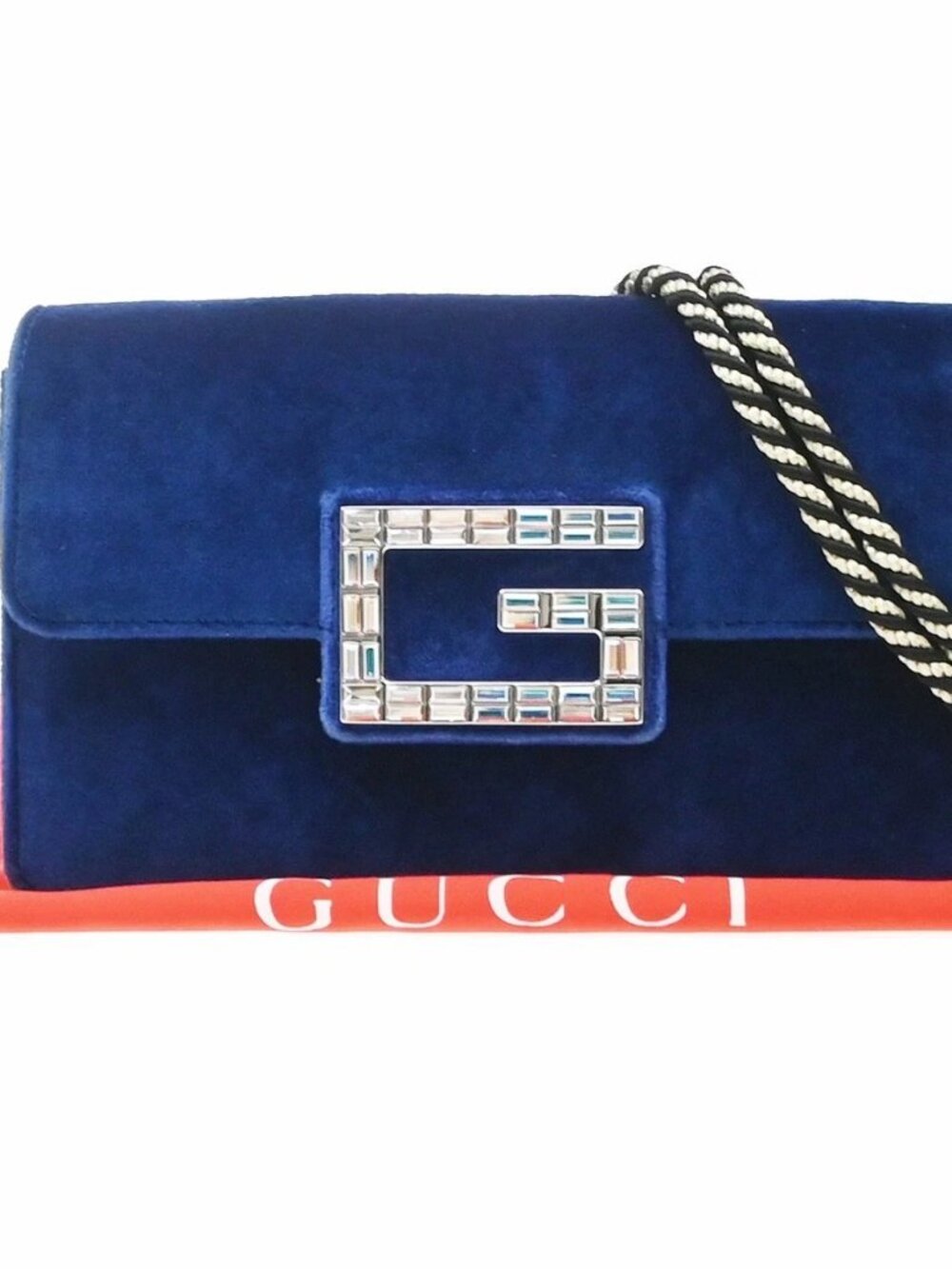 GUCCI Logo G Shoulder Bag Velvet Leather Blue Black Gold GHW Italy 16KD687